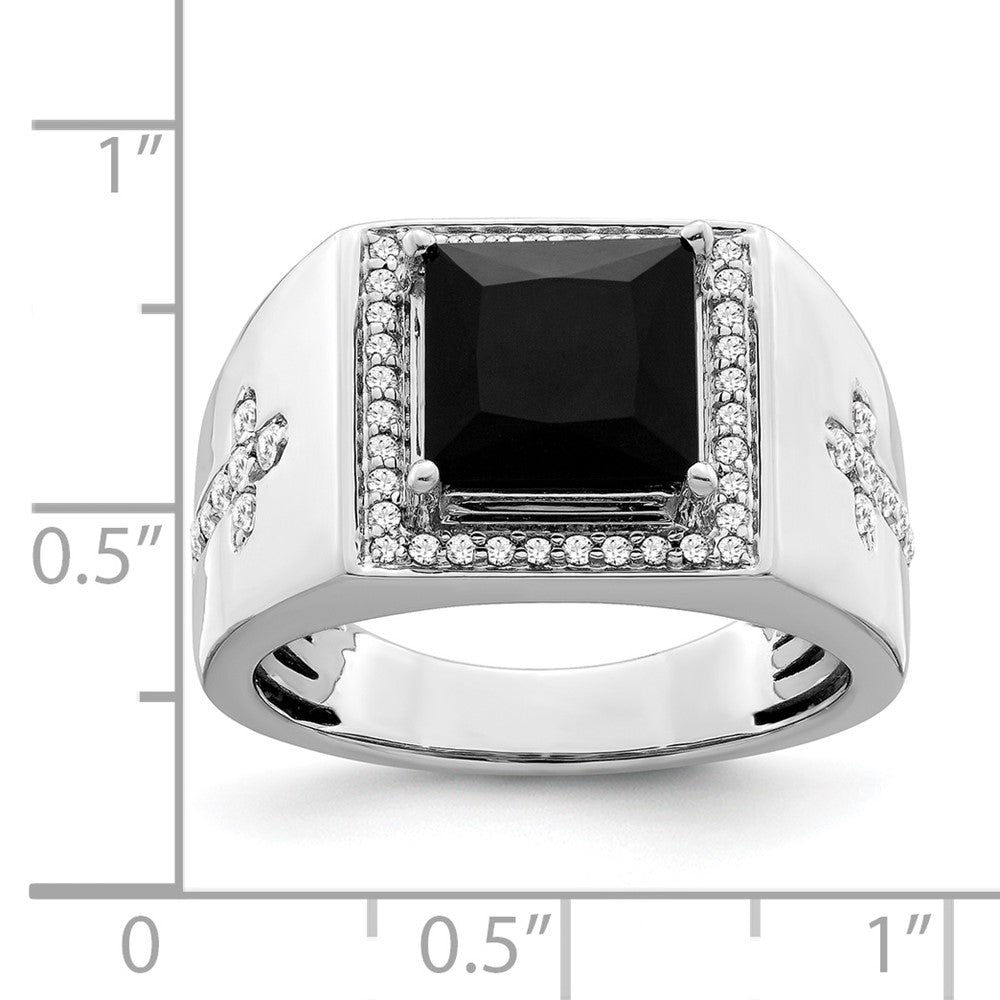 14k White Gold Onyx and Real Diamond Cross Mens Ring