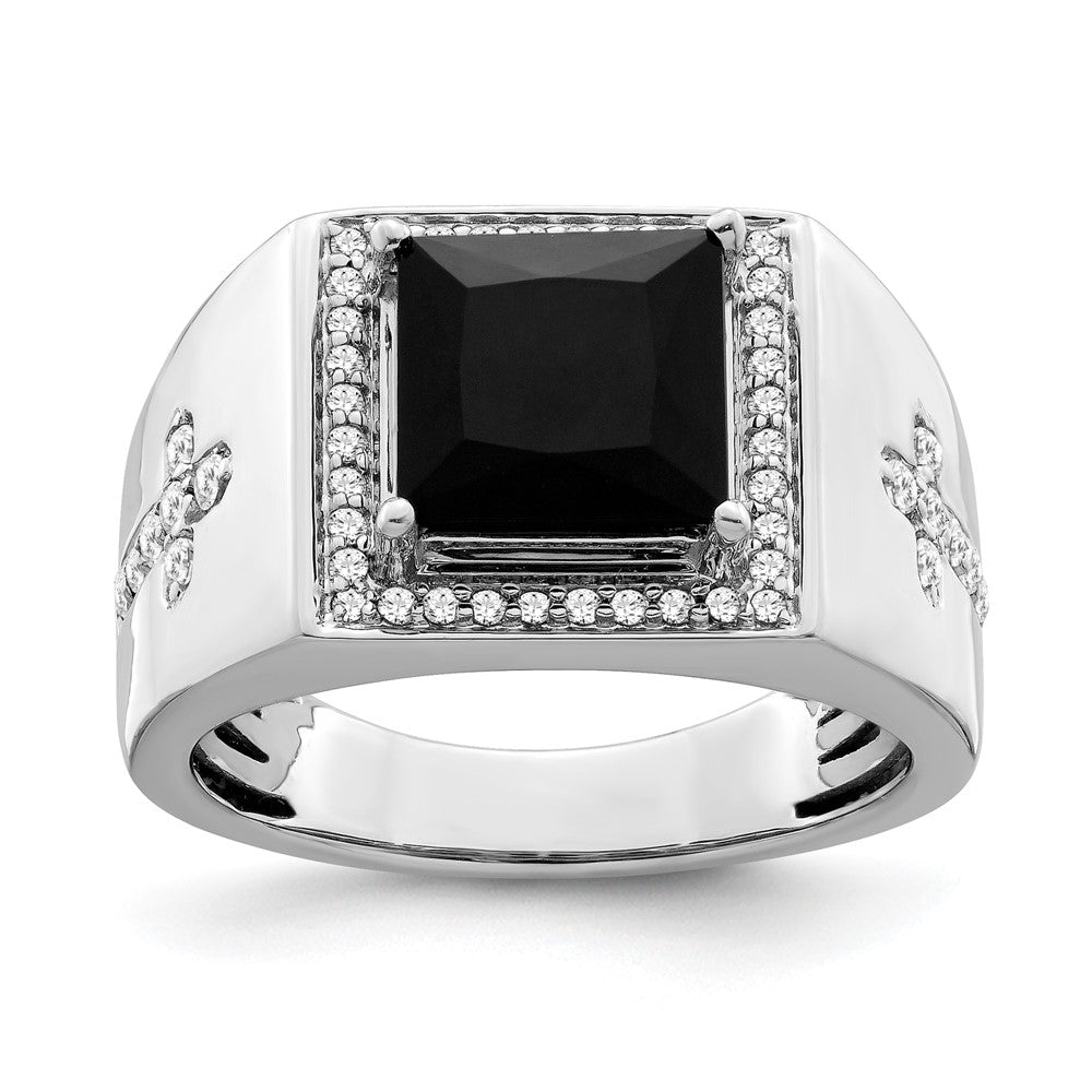 14k White Gold Onyx and Real Diamond Cross Mens Ring