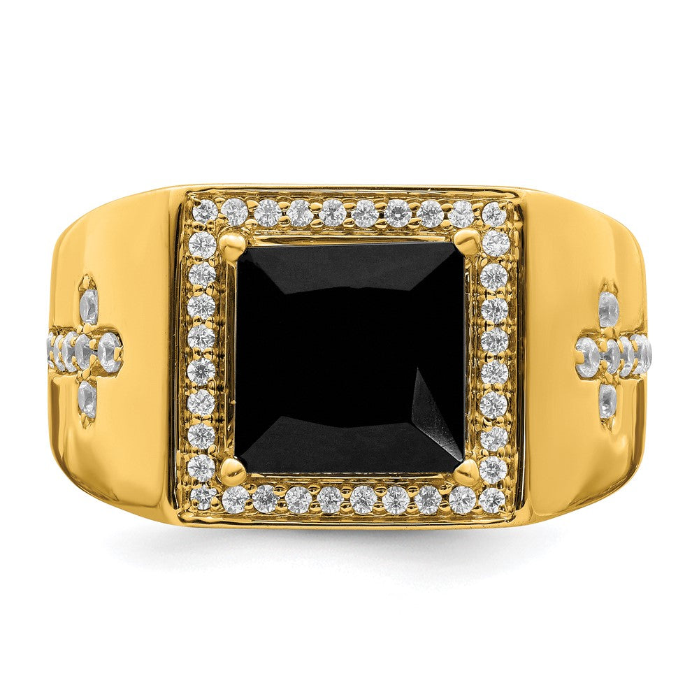 14K Yellow Gold Onyx and Real Diamond Cross Mens Ring