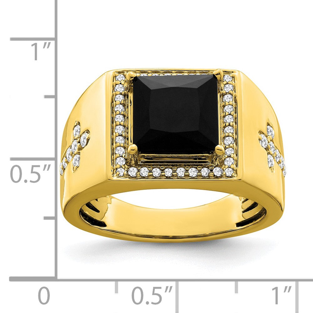 14K Yellow Gold Onyx and Real Diamond Cross Mens Ring