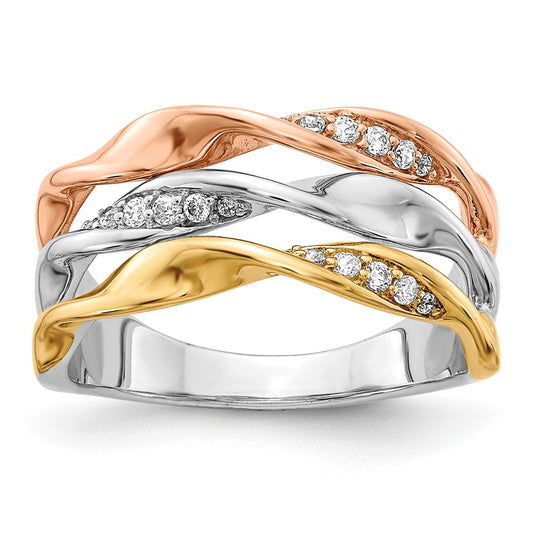 14k Tri-color Gold Real Diamond Fancy Triple Twist Ring