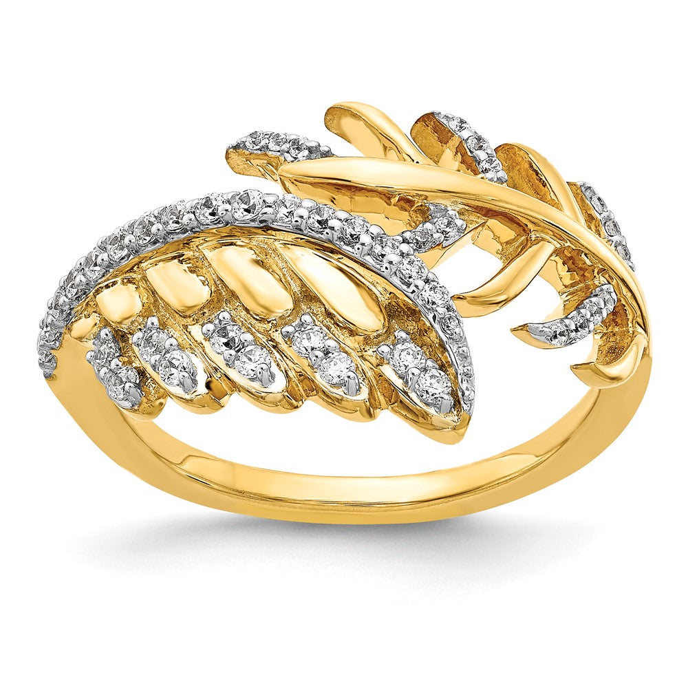 14K Yellow Gold Real Diamond Fancy Feather Ring