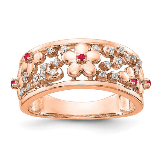 Solid 14k Rose Gold Simulated CZ and Ruby Flower Ring