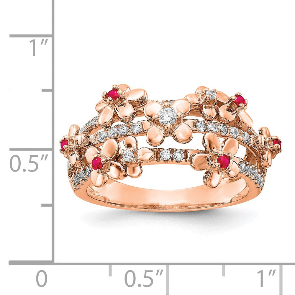 14k Rose Gold Real Diamond & Ruby Flower Ring