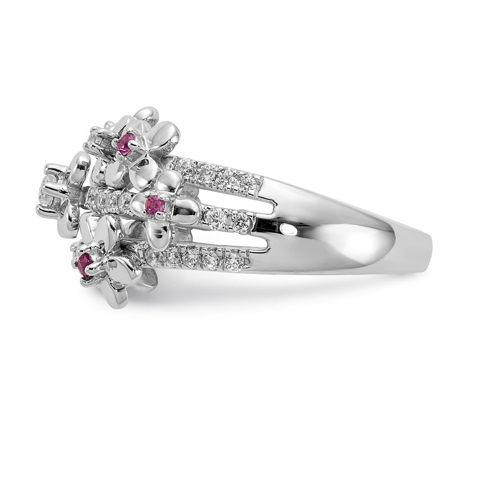 14k White Gold Real Diamond & Ruby Flower Ring