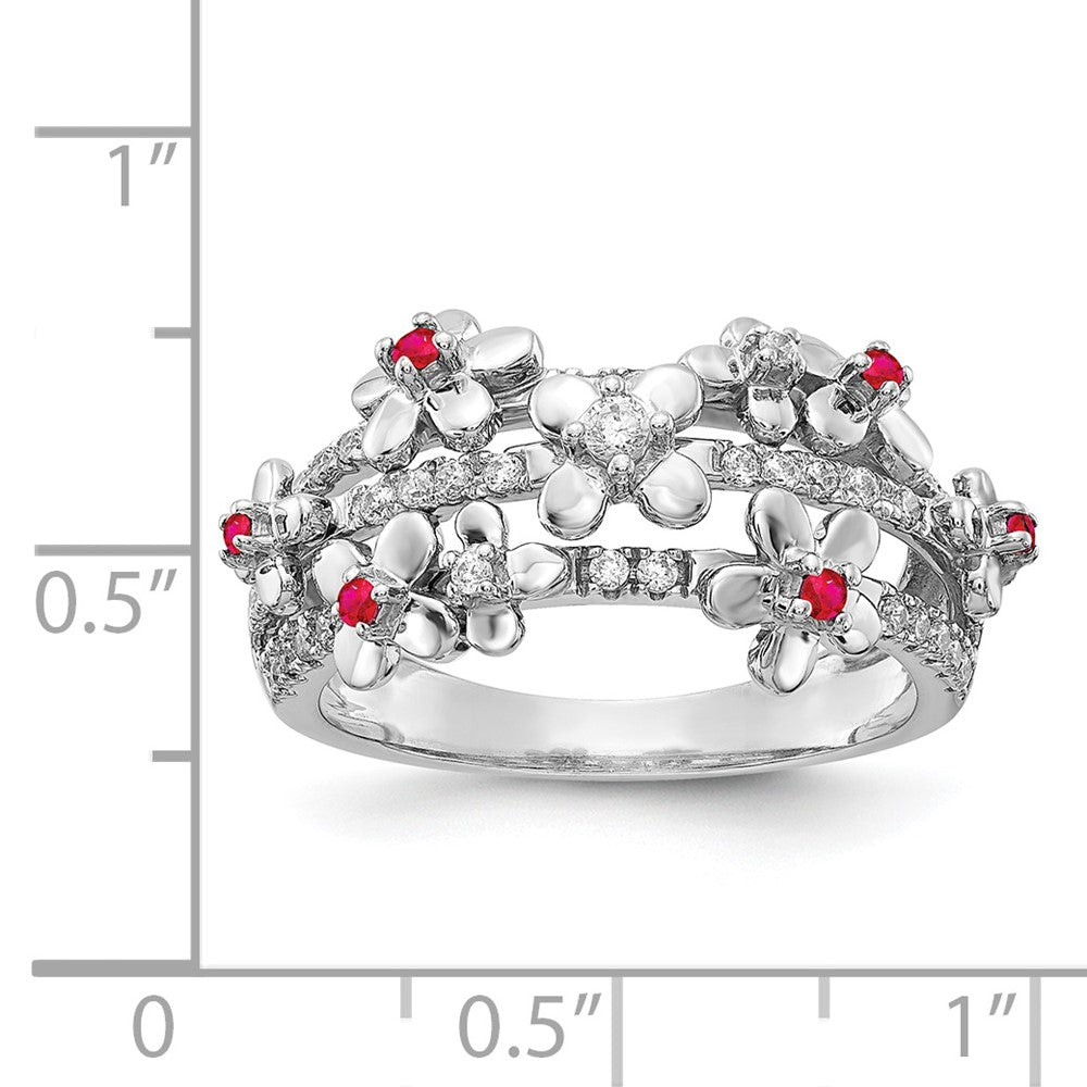 14k White Gold Real Diamond & Ruby Flower Ring