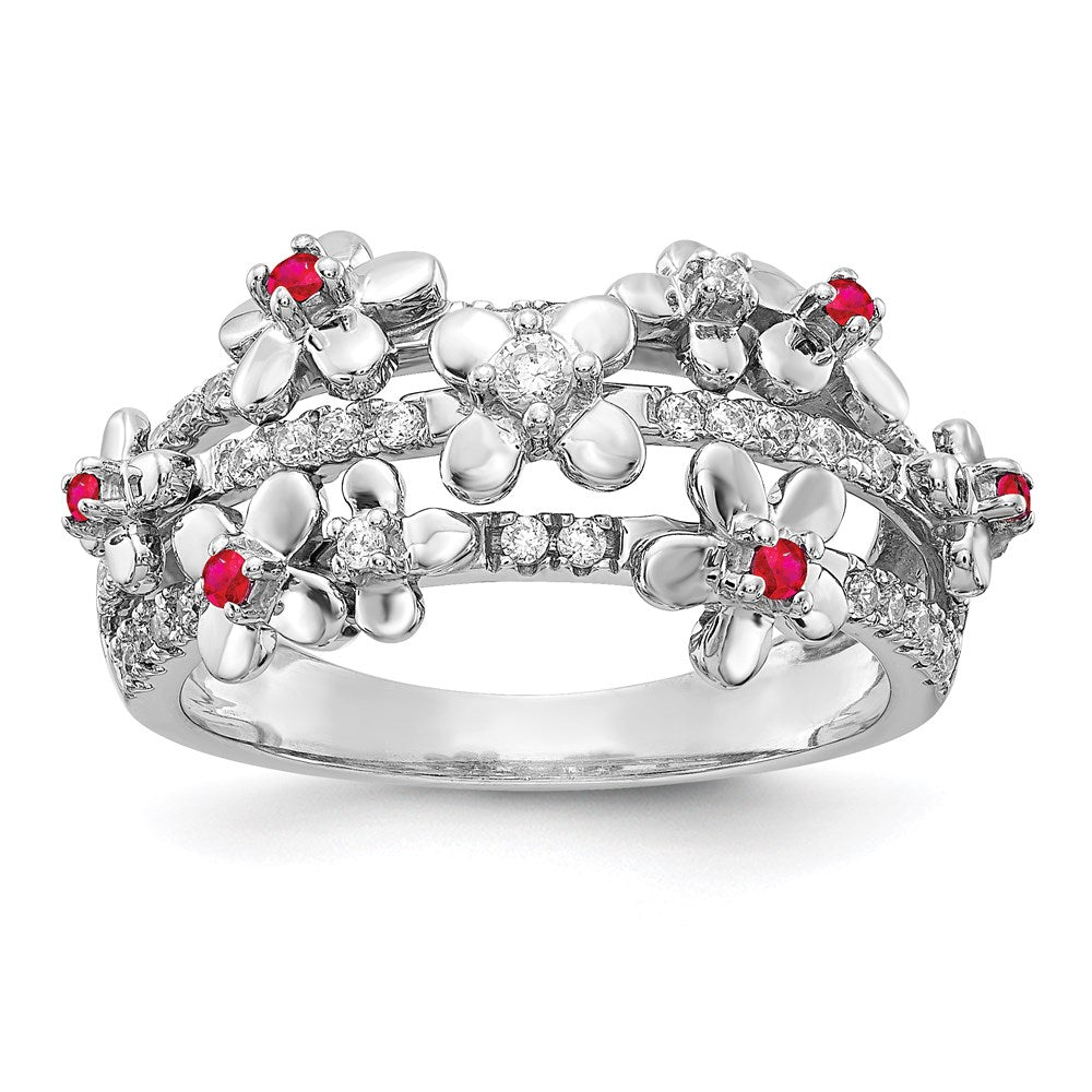 14k White Gold Real Diamond & Ruby Flower Ring