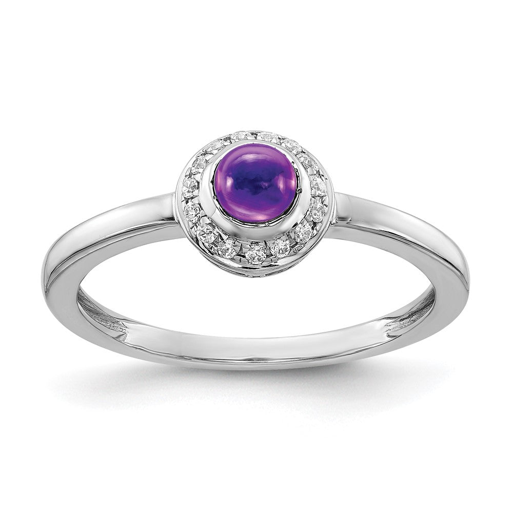 Solid 14k White Gold Simulated CZ and Cabochon Amethyst Ring