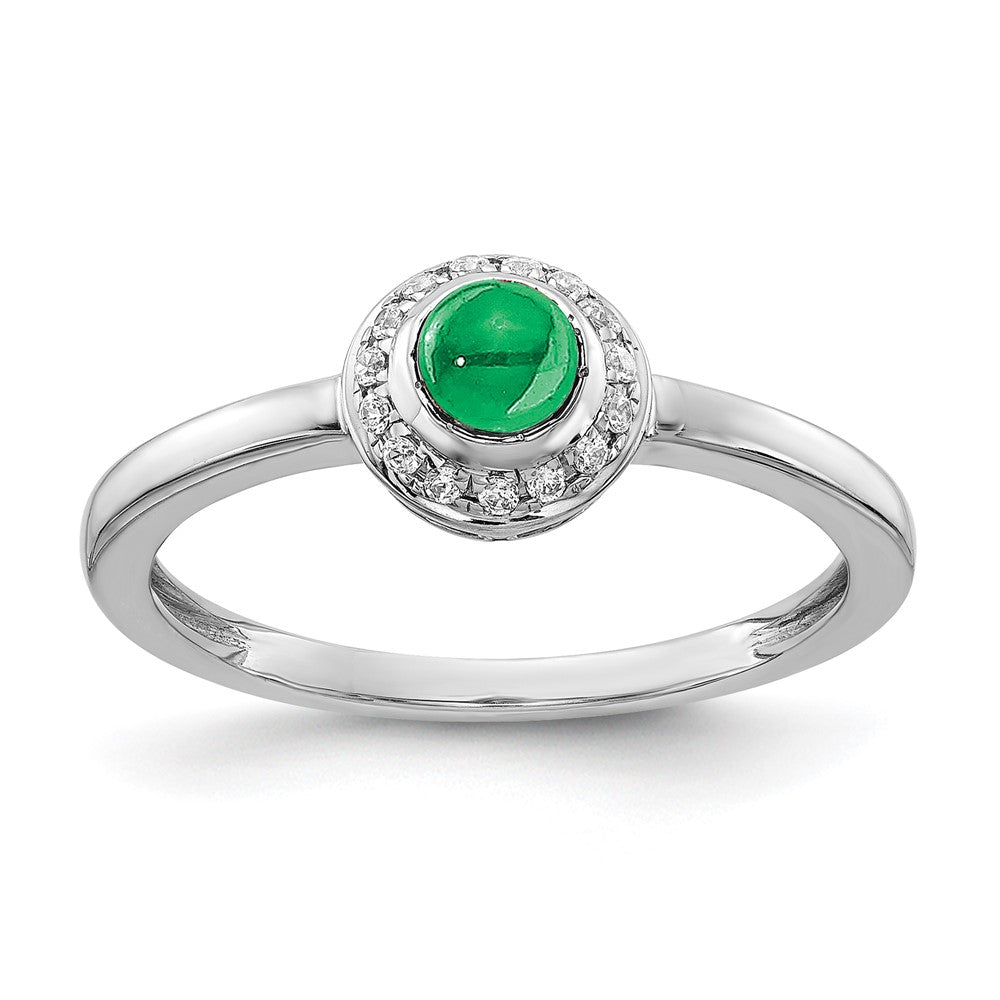 14k White Gold Real Diamond and Cabochon Emerald Ring