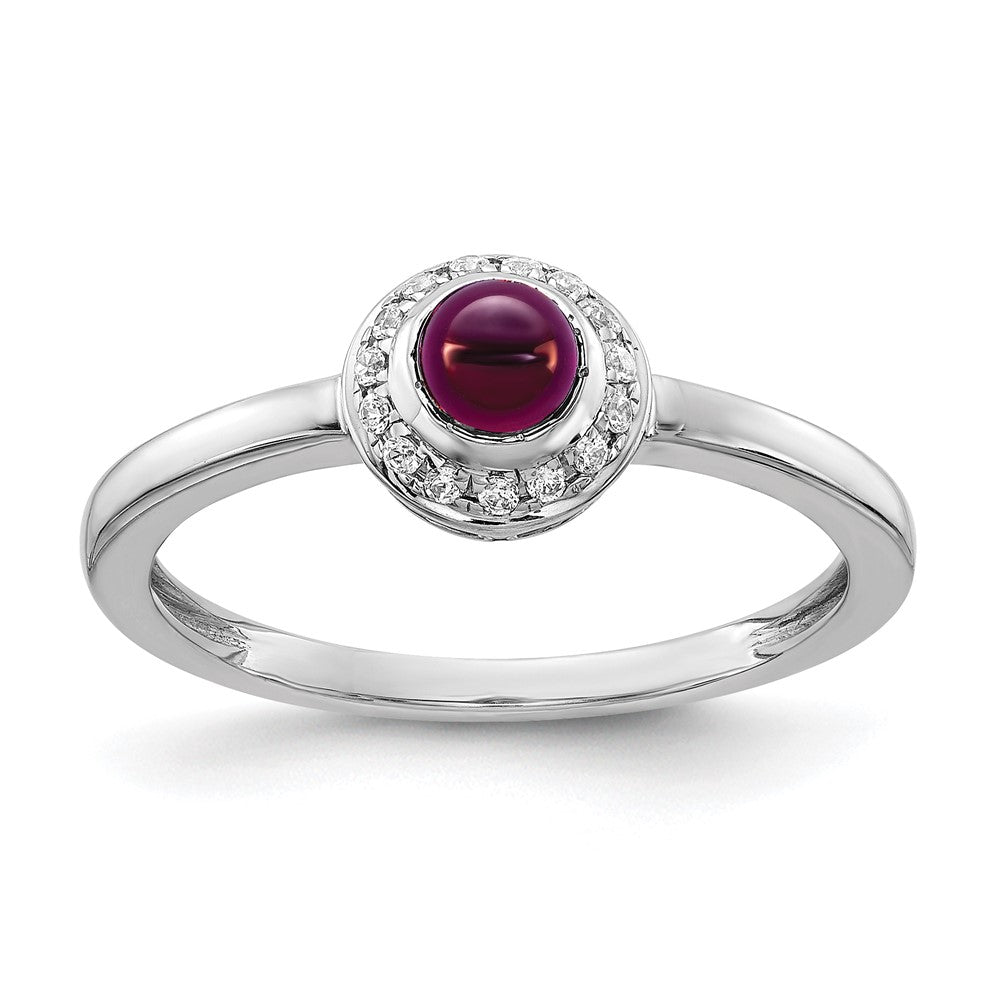 Solid 14k White Gold Simulated CZ and Cabochon Rhodolite Garnet Ring