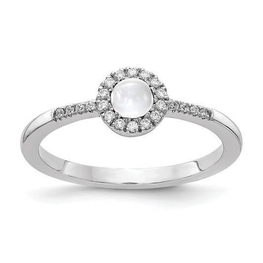 14k White Gold Real Diamond and Cabochon White Topaz Ring