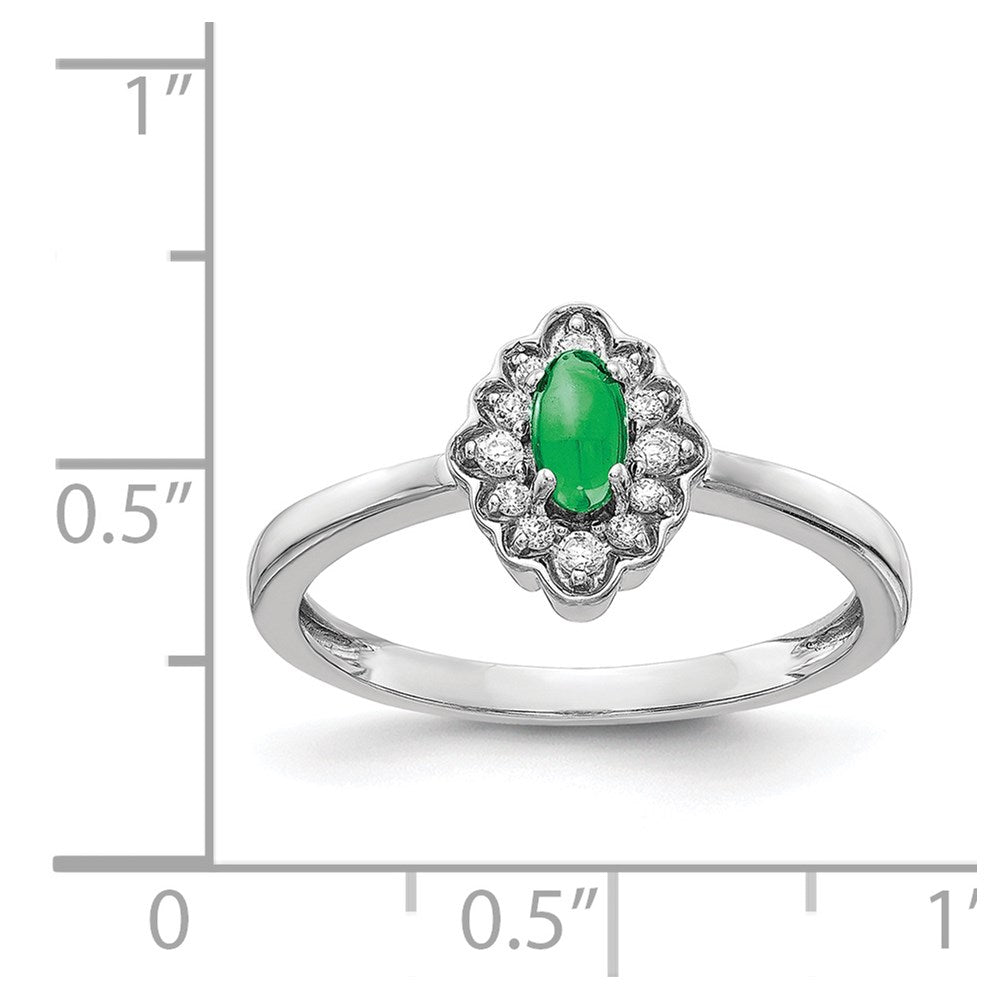 14k White Gold Real Diamond and Oval Cabochon Emerald Ring