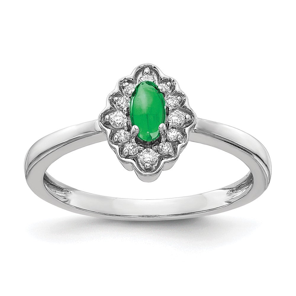 14k White Gold Real Diamond and Oval Cabochon Emerald Ring