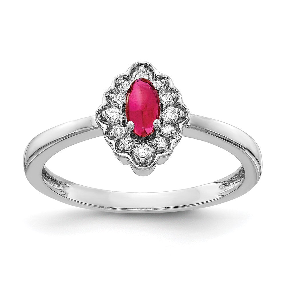 14k White Gold Real Diamond and Oval Cabochon Ruby Ring