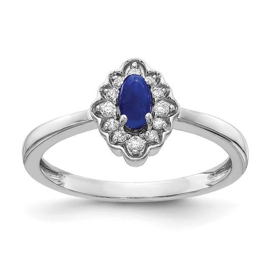 14k White Gold Real Diamond and Oval Cabochon Sapphire Ring