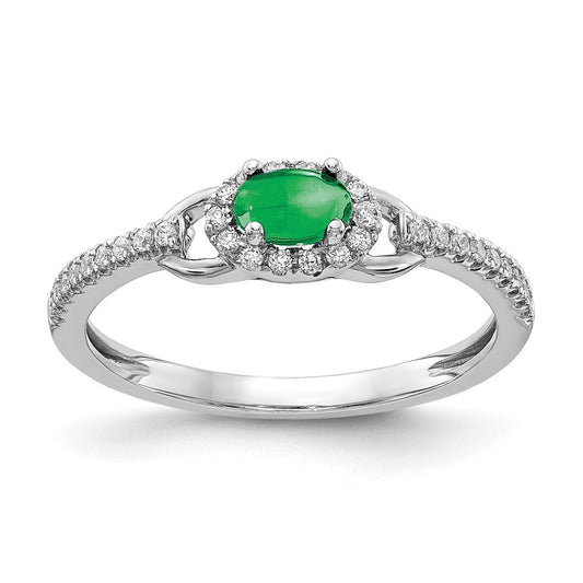 14k White Gold Real Diamond and Cabochon Emerald Ring