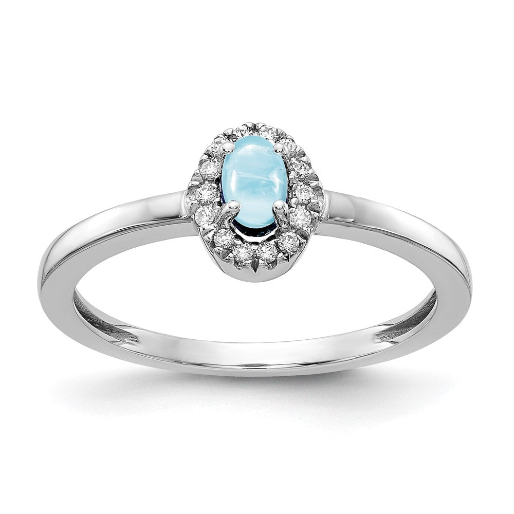 14k White Gold Real Diamond and Oval Cabochon Aquamarine Ring