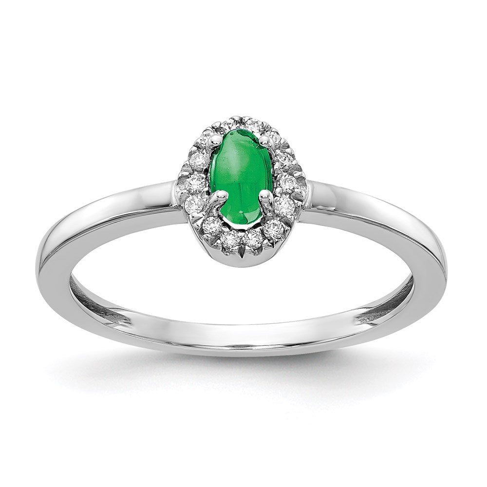 14k White Gold Real Diamond & Cabochon Emerald Ring