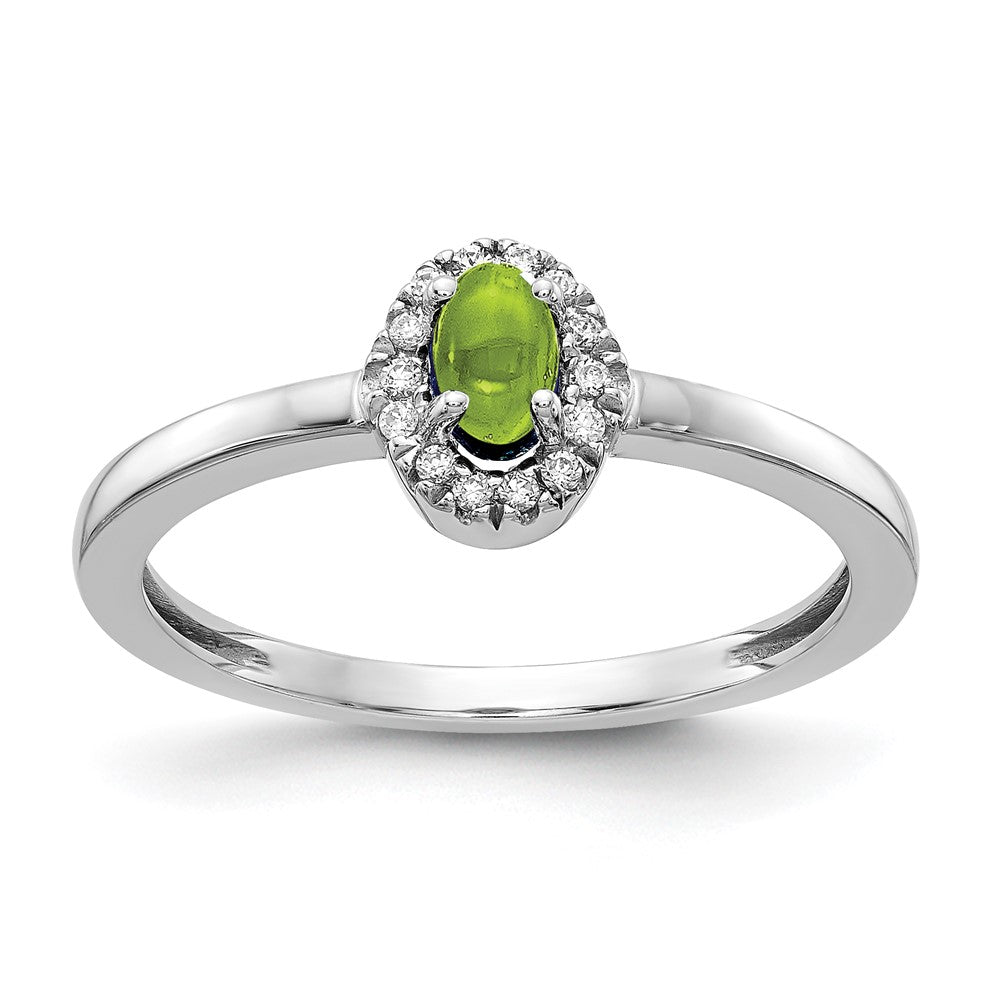 14k White Gold Real Diamond and Oval Cabochon Peridot Ring