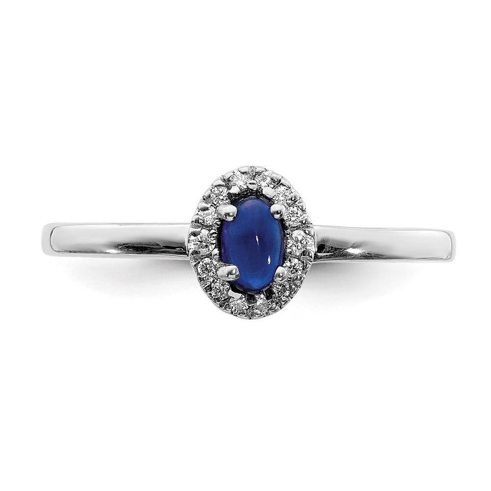 14k White Gold Real Diamond and Oval Cabochon Sapphire Ring