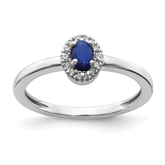 14k White Gold Real Diamond and Oval Cabochon Sapphire Ring