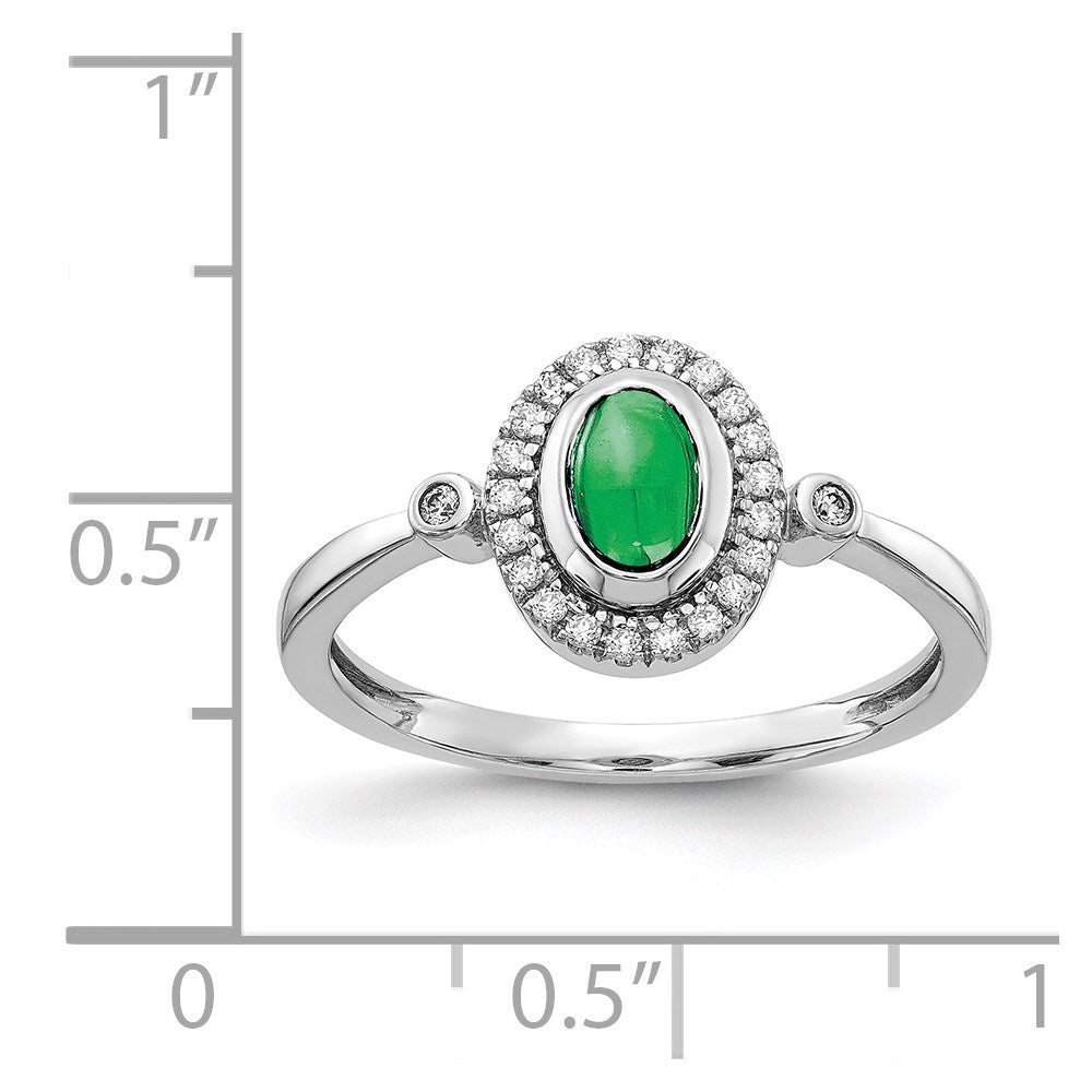 Solid 14k White Gold Simulated CZ and Oval Cabochon Emerald Halo Ring