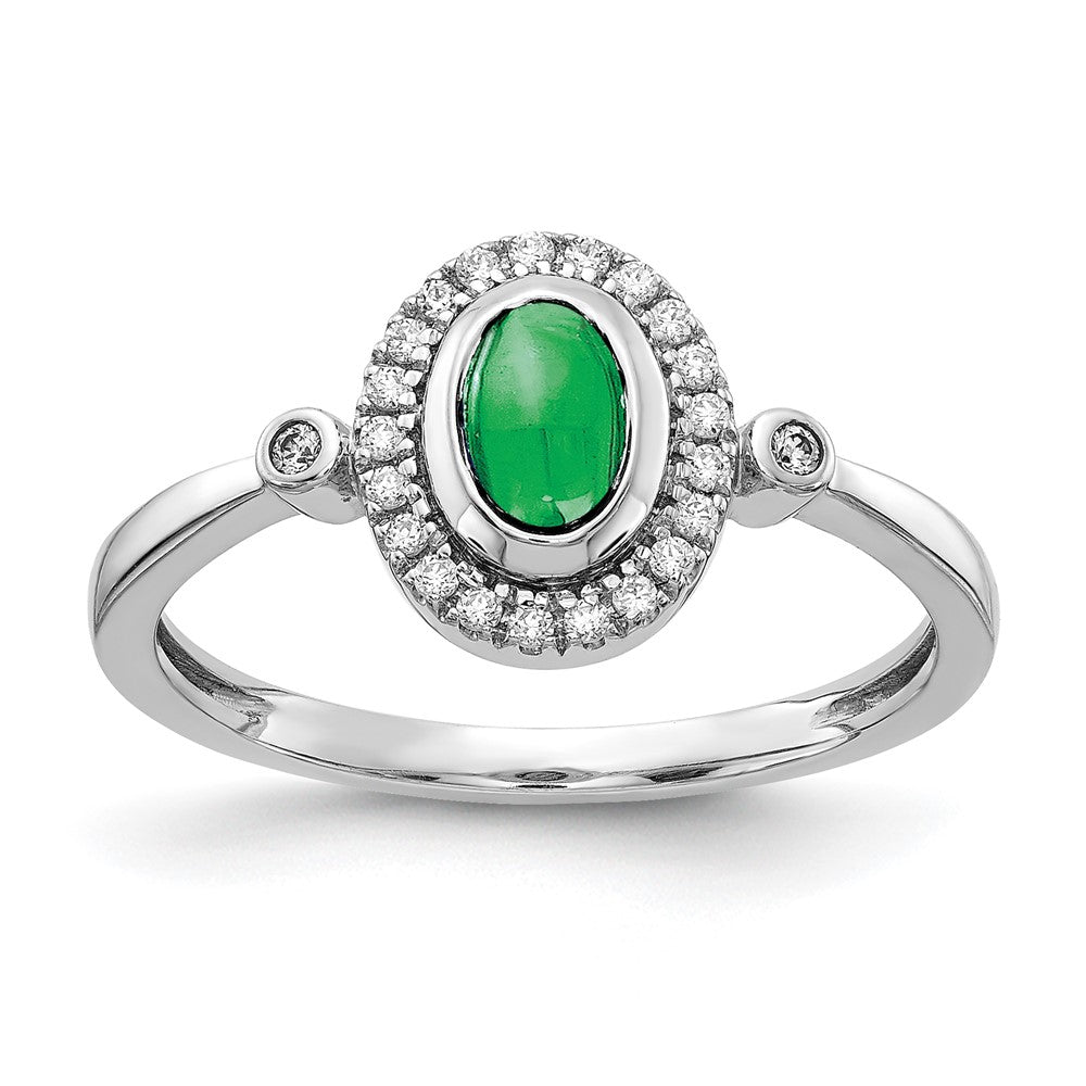 14k White Gold Real Diamond and Oval Cabochon Emerald Halo Ring