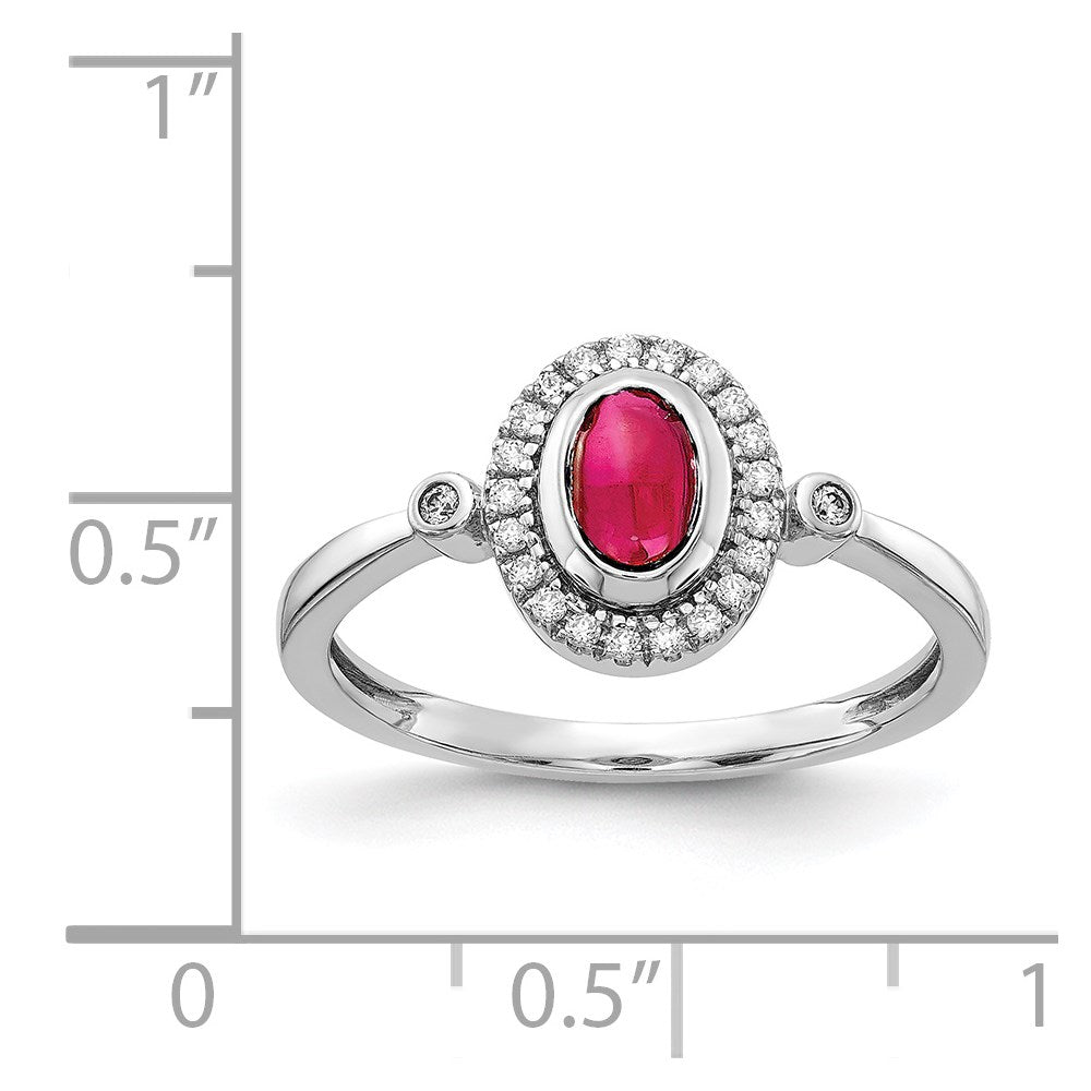 14k White Gold Real Diamond and Oval Cabochon Ruby Halo Ring