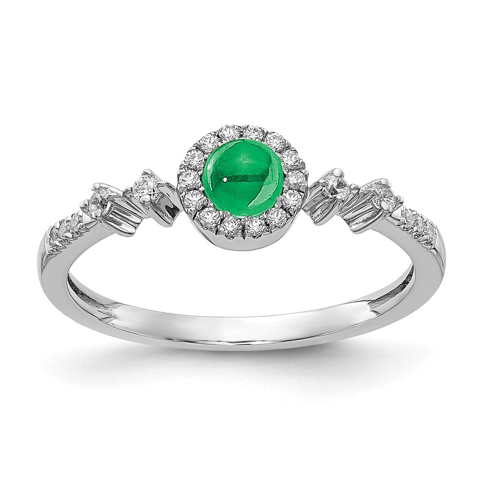 Solid 14k White Gold Simulated CZ and Cabochon Emerald Halo Ring