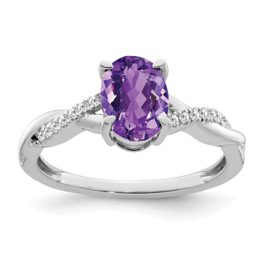 14k White Gold Oval Amethyst and Real Diamond Ring