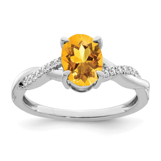 14k White Gold Oval Citrine and Real Diamond Ring