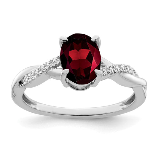 14k White Gold Oval Garnet and Real Diamond Ring