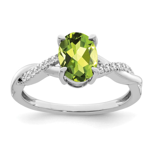 Solid 14k White Gold Oval Simulated Peridot and CZ Ring