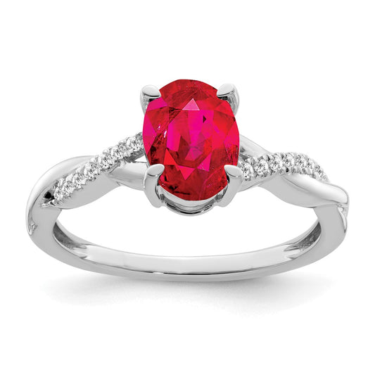 Solid 14k White Gold Oval Simulated Ruby and CZ Ring