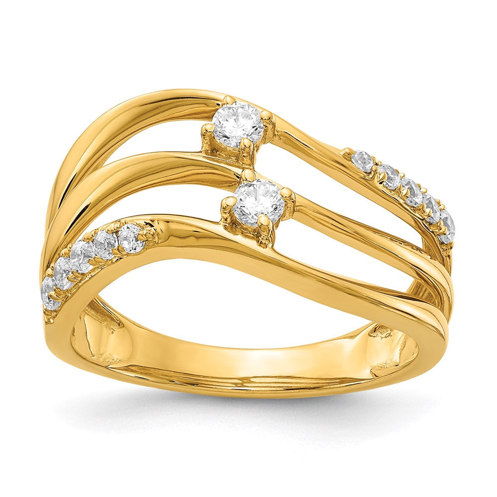 14K Yellow Gold 3-row Wavy Real Diamond Ring