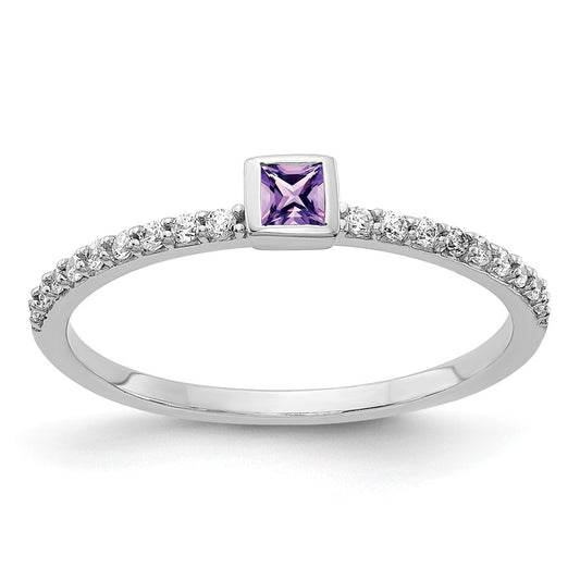 Solid 14k White Gold Simulated CZ and Princess Amethyst Ring