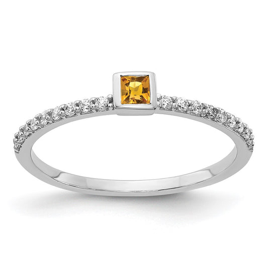 14k White Gold Real Diamond and Princess Citrine Ring