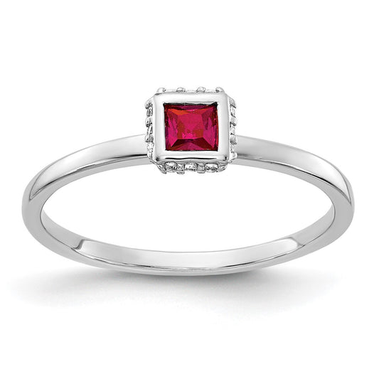 Solid 14k White Gold Simulated CZ and Princess Ruby Ring