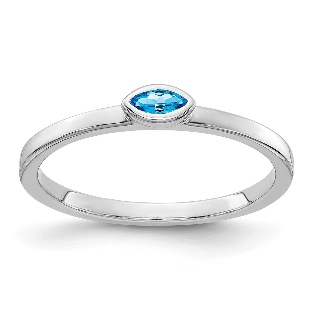 Solid 14k White Gold Bezel-set Marquise Simulated Blue Topaz Ring