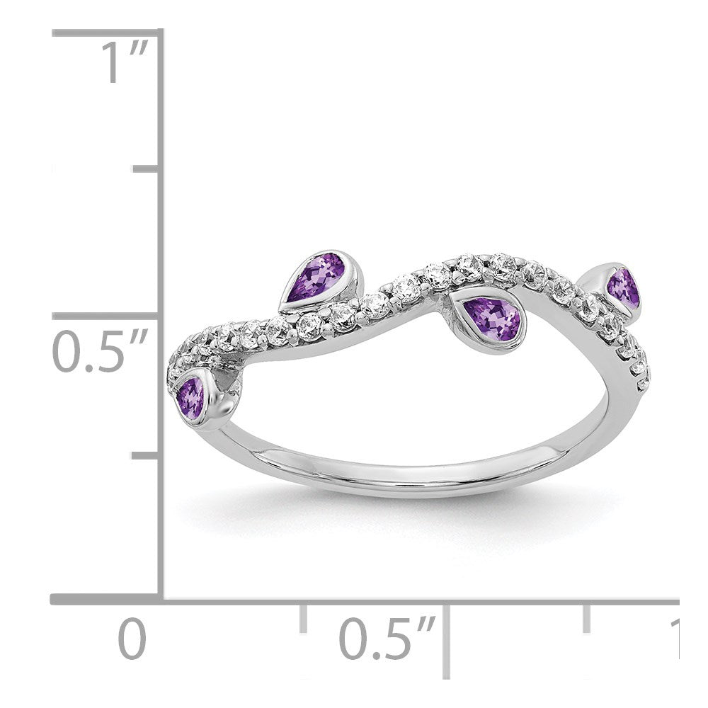 14k White Gold Real Diamond and Pear Amethyst Curved Ring