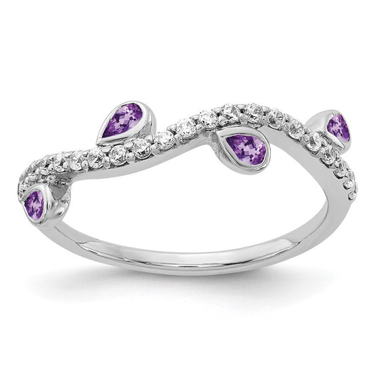 Solid 14k White Gold Simulated CZ and Pear Amethyst Curved Ring