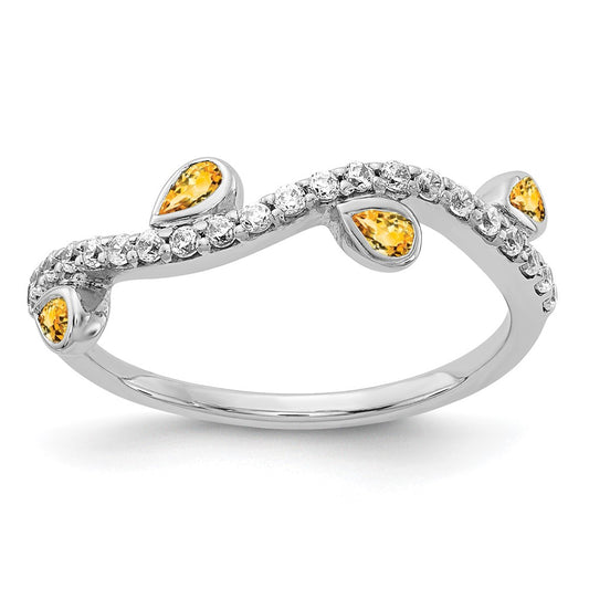 Solid 14k White Gold Simulated CZ and Pear Citrine Curved Ring