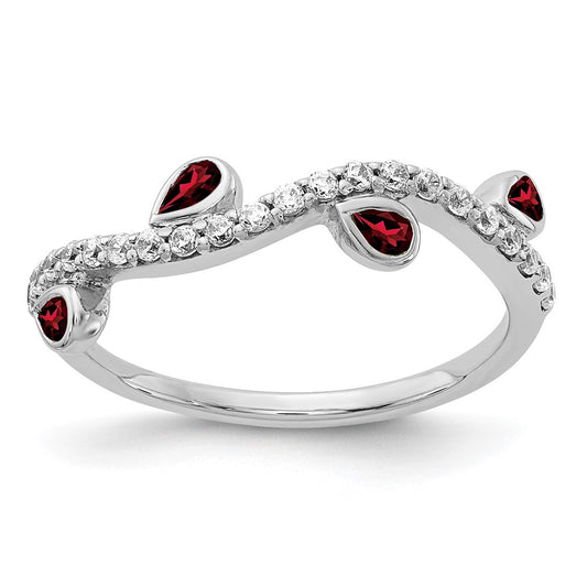 14k White Gold Real Diamond and Pear Garnet Curved Ring