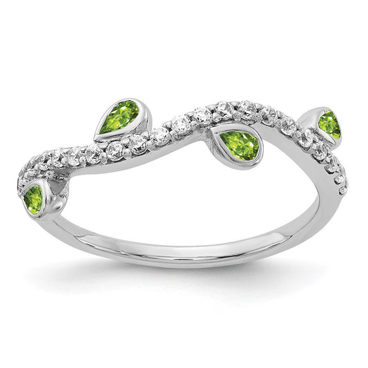 Solid 14k White Gold Simulated CZ and Pear Peridot Curved Ring