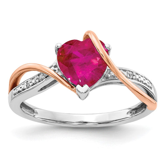 Solid 14k Two-tone Simulated CZ and Ruby Heart Twist Ring