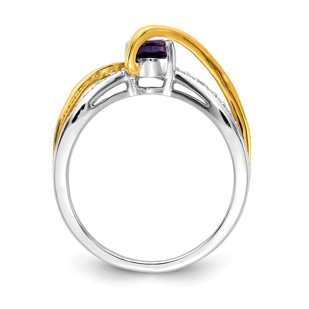 14k Two-Tone Gold Real Diamond and Oval Amethyst Twist Ring