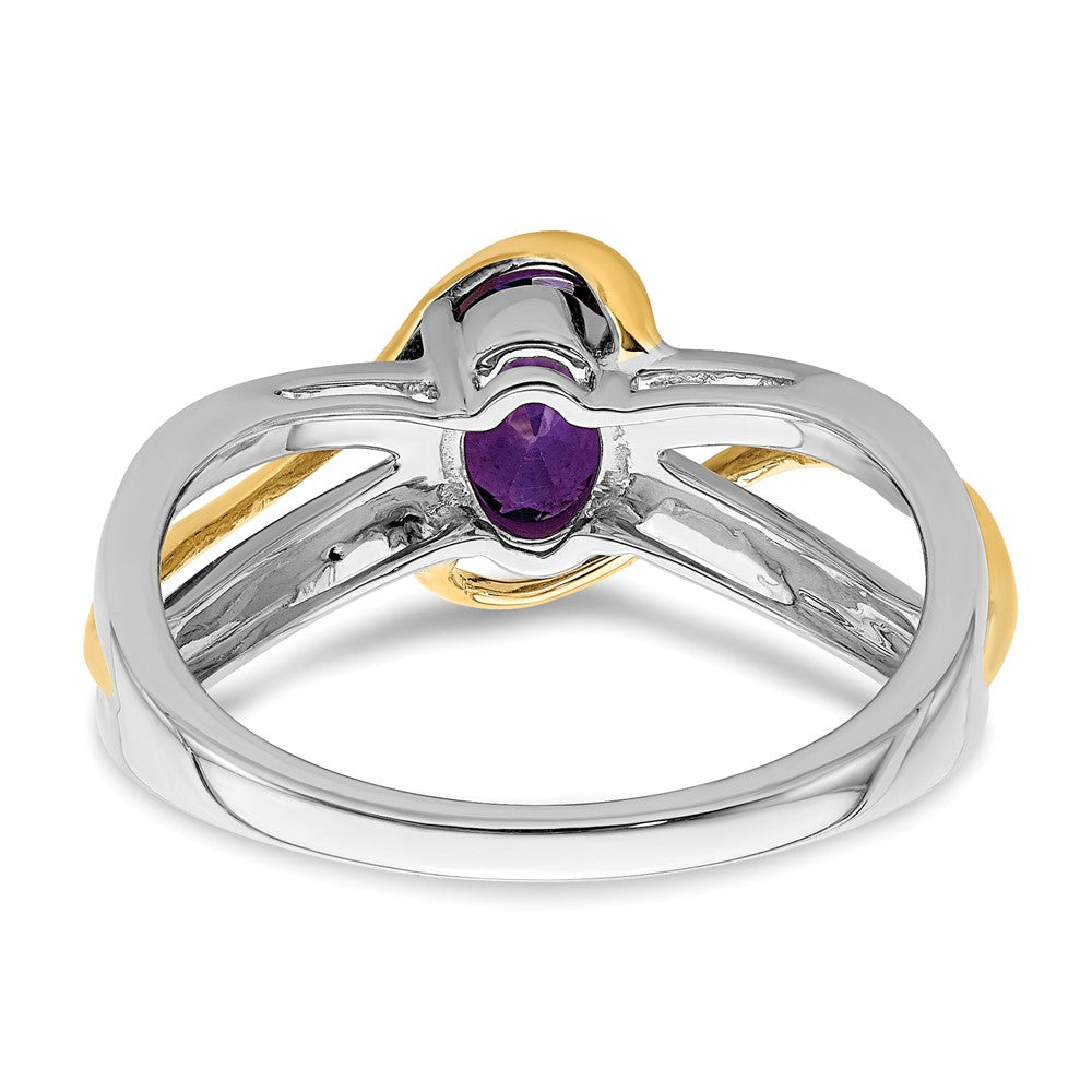 14k Two-Tone Gold Real Diamond and Oval Amethyst Twist Ring