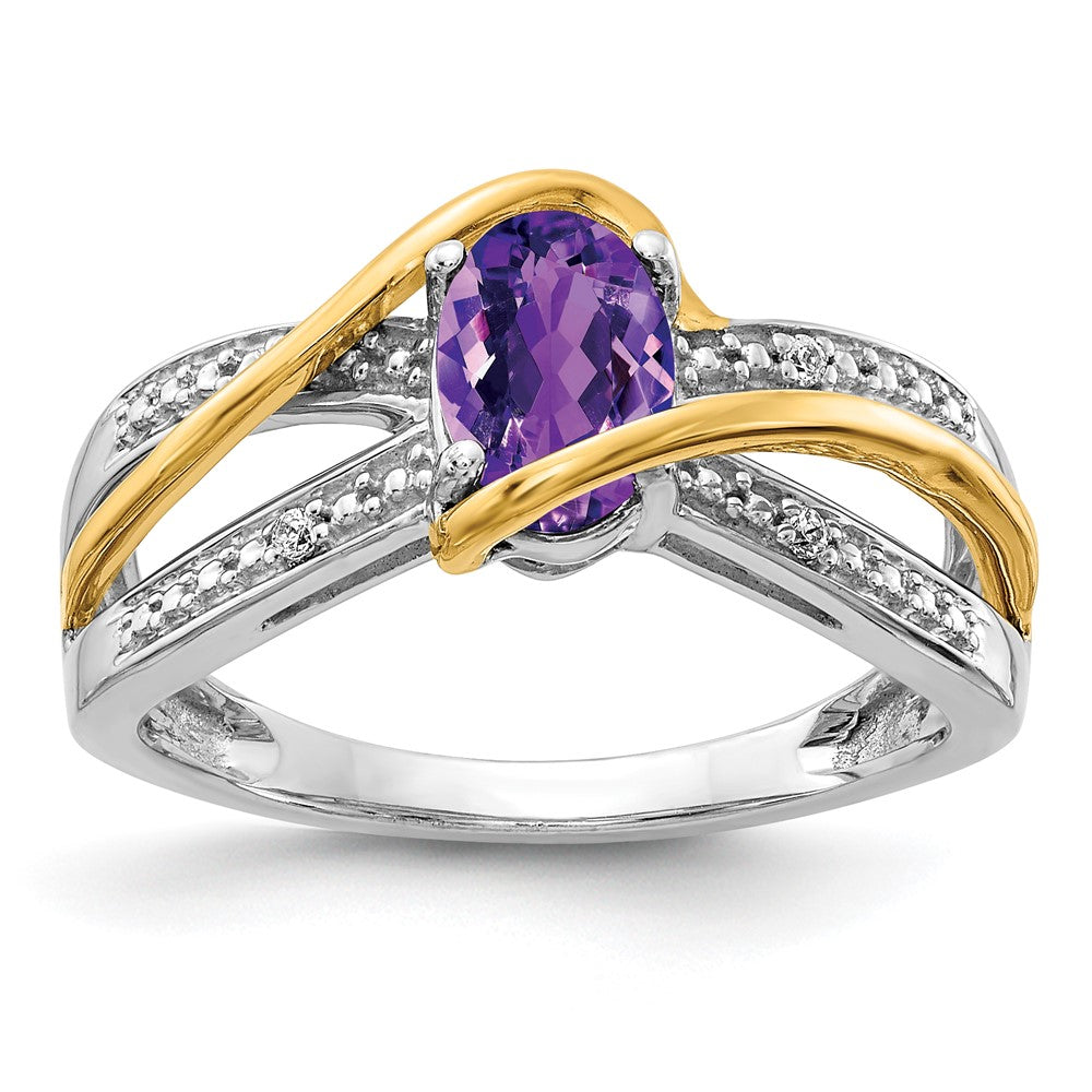 14k Two-Tone Gold Real Diamond and Oval Amethyst Twist Ring