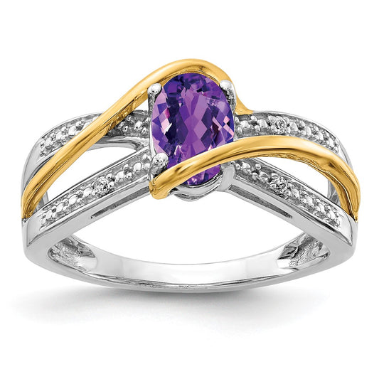 14k Two-Tone Gold Real Diamond and Oval Amethyst Twist Ring