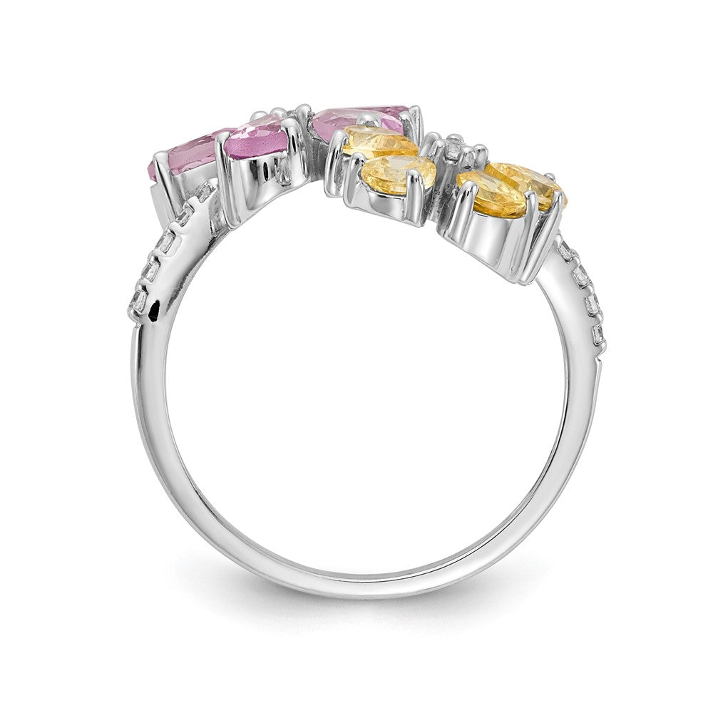 Solid 14k White Gold Simulated CZ and Citrine/Pink Tourmaline Flower Ring